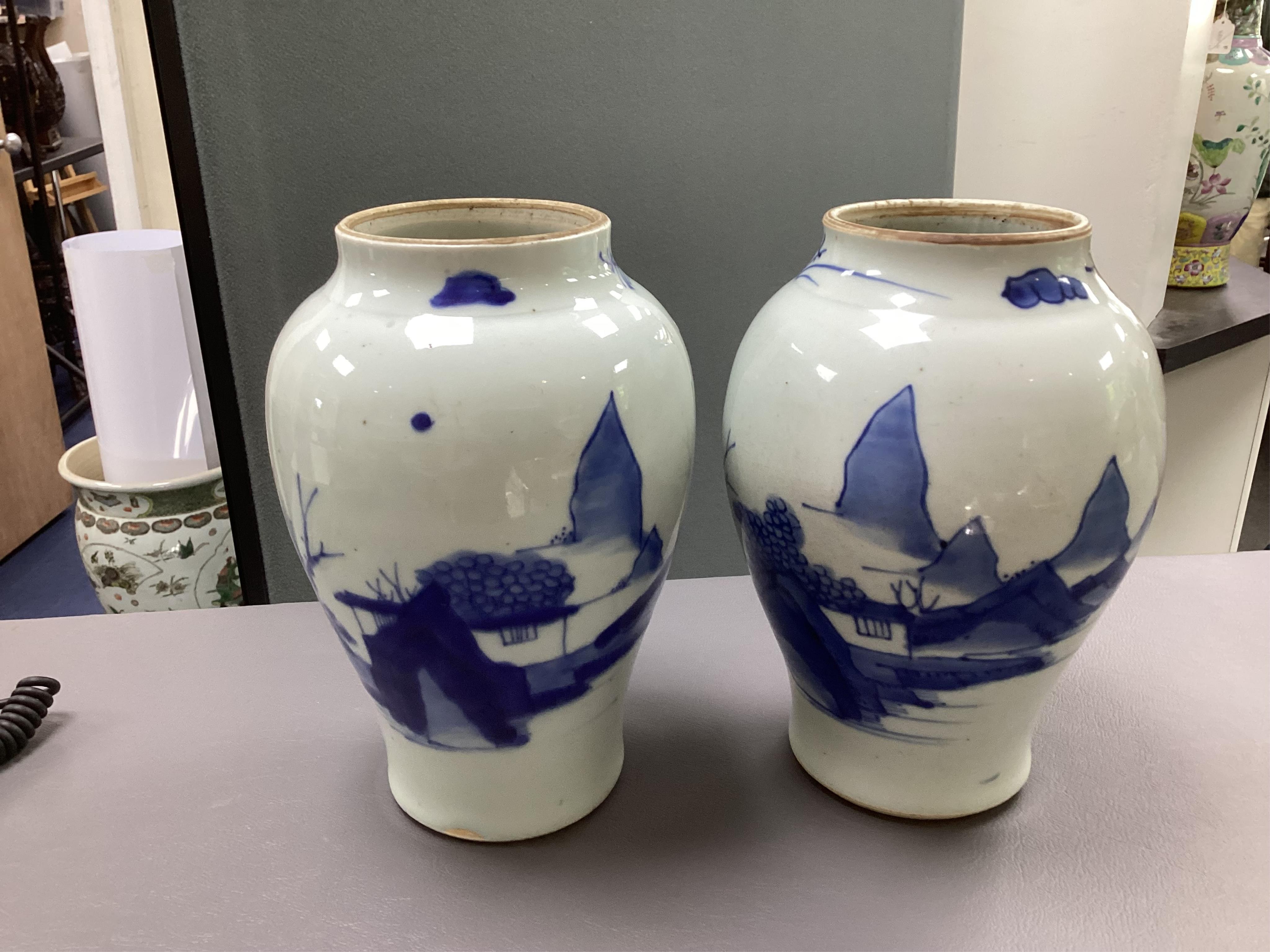 A pair of Chinese Transitional blue and white ‘landscape’ jars, probably Shunzhi period (1644-1661)